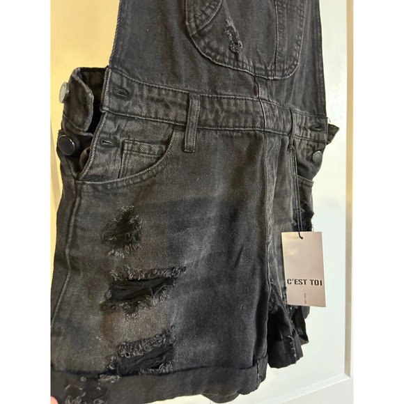 NEW Cest Toi Black Label Denim Distressed Overall Bib Shorts Womens Small Y2K - Picture 2 of 9
